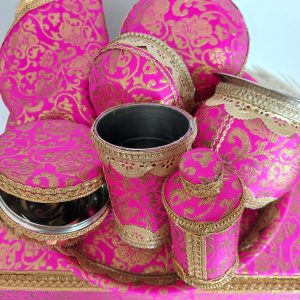 Description: This stunning Banarsi rich silk fabric, embossed with Gold sitara gotha. Our 10-piece set Mahiyan sets are fully covered, various colours available for both Brides and Grooms for all your pre wedding Mahiyan - Haldi celebrations